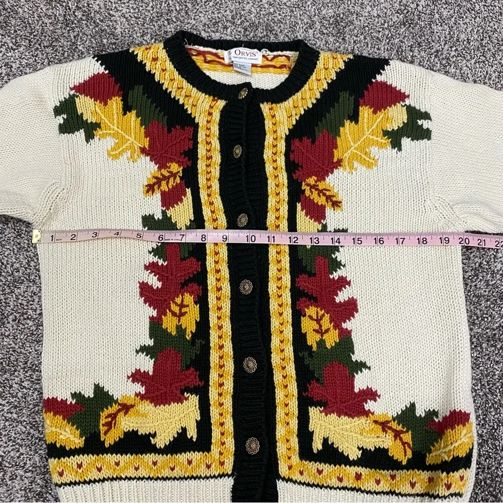 Orvis Vintage Autumn Fall Leaf Cardigan Sweater Gold Buttons Woman’s Size Medium - Picture 5 of 6